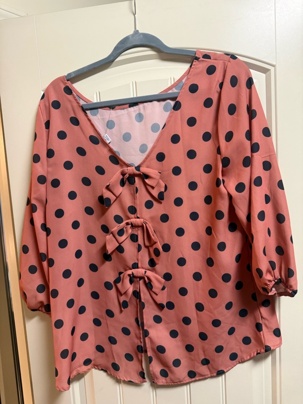New York & Company Dusty Rose Polka Dot Tie-Front Blouse